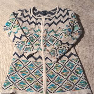 New Directions Geometric Cardigan - Cream, Blue, Green